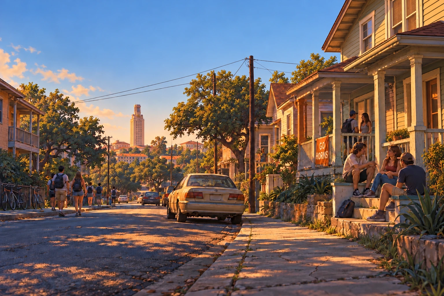 Illustration from the Shtick City title screen: students on a West Campus porch on a Friday afternoon, the UT Tower down the street