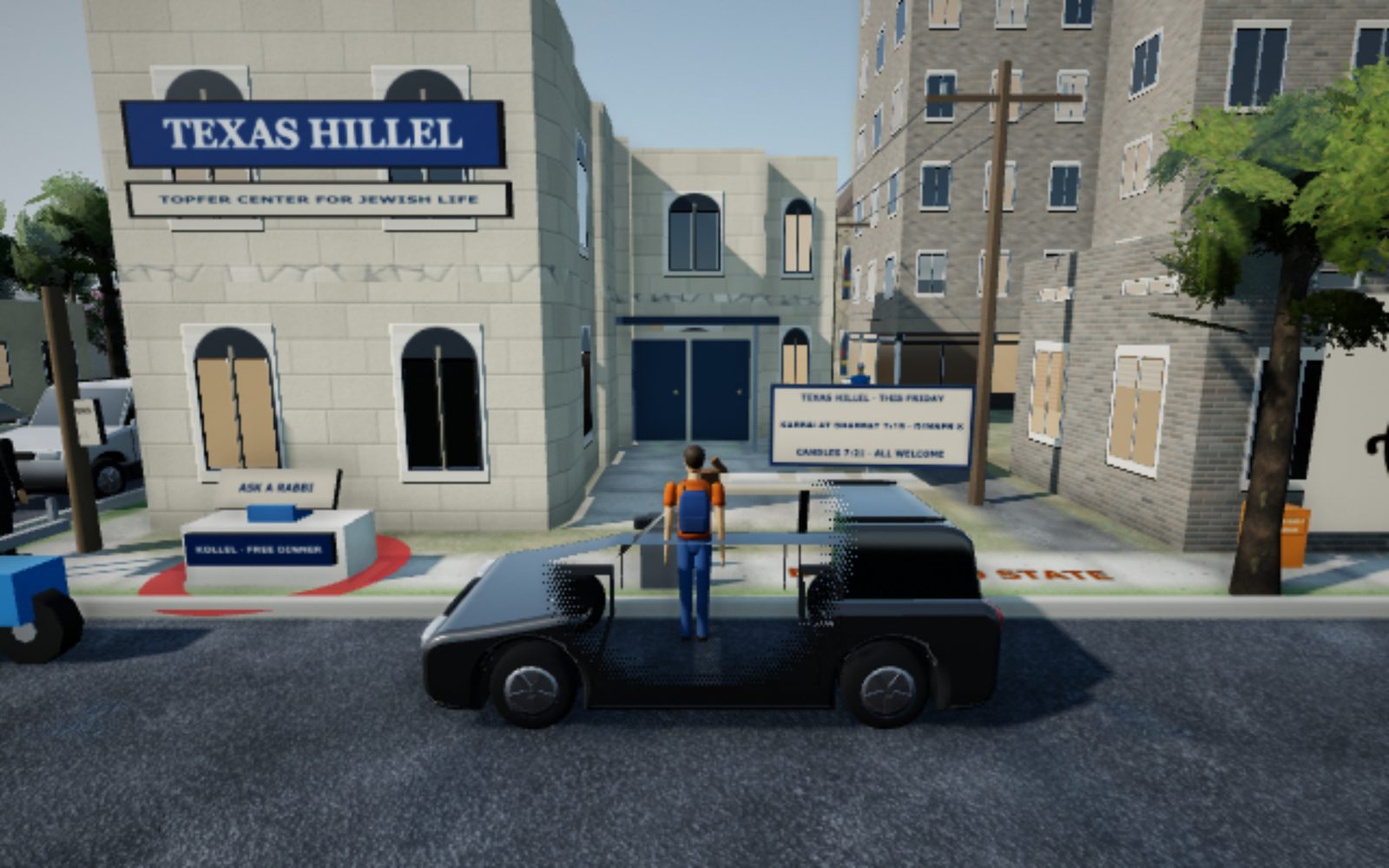 Texas Hillel and the surrounding West Campus street in Shtick City